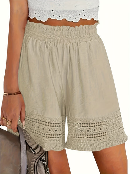 Solid Tassel Hem Loose Shorts, Vacation Paper Bag Waist Summer Shorts, Women's Clothing