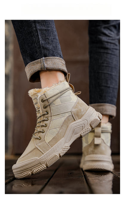 Men's High-Top Winter Boots with -Like Collar & - Heavy-Duty PU Upper, PVC Sole, Beige/Tan Lace-Up Snow Boots for Ice, Slush,, Outdoor (Warm Cold Weather Footwear)