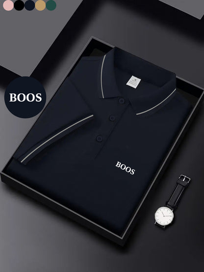 BOOS letter print, 1 premium Men's shirt, polyester fabric, regular fit, turn- collar top, summer short sleeve T-shirt, birthday gift, inner or outer wear, outdoor casual, sportswear, business casual, stylish and breathable, - ayq