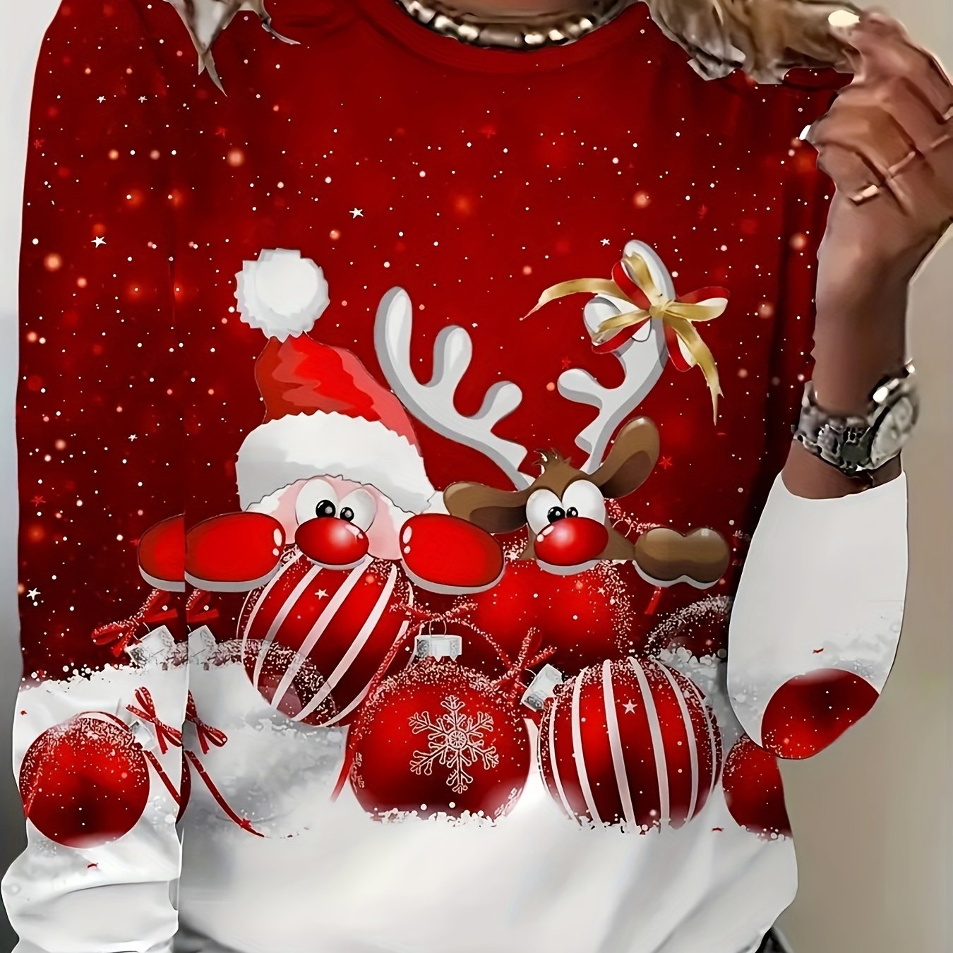 Women's Christmas Long Sleeve T-Shirt - Red & White Santa Reindeer Candy Cane Snowflake Print Sweater-like Top, Round Neck Casual Holiday Party Outfit, Machine Washable Winter Blouse (All-Season Wear), Christmas Clothes Women