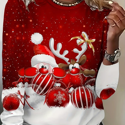 Women's Christmas Long Sleeve T-Shirt - Red & White Santa Reindeer Candy Cane Snowflake Print Sweater-like Top, Round Neck Casual Holiday Party Outfit, Machine Washable Winter Blouse (All-Season Wear), Christmas Clothes Women