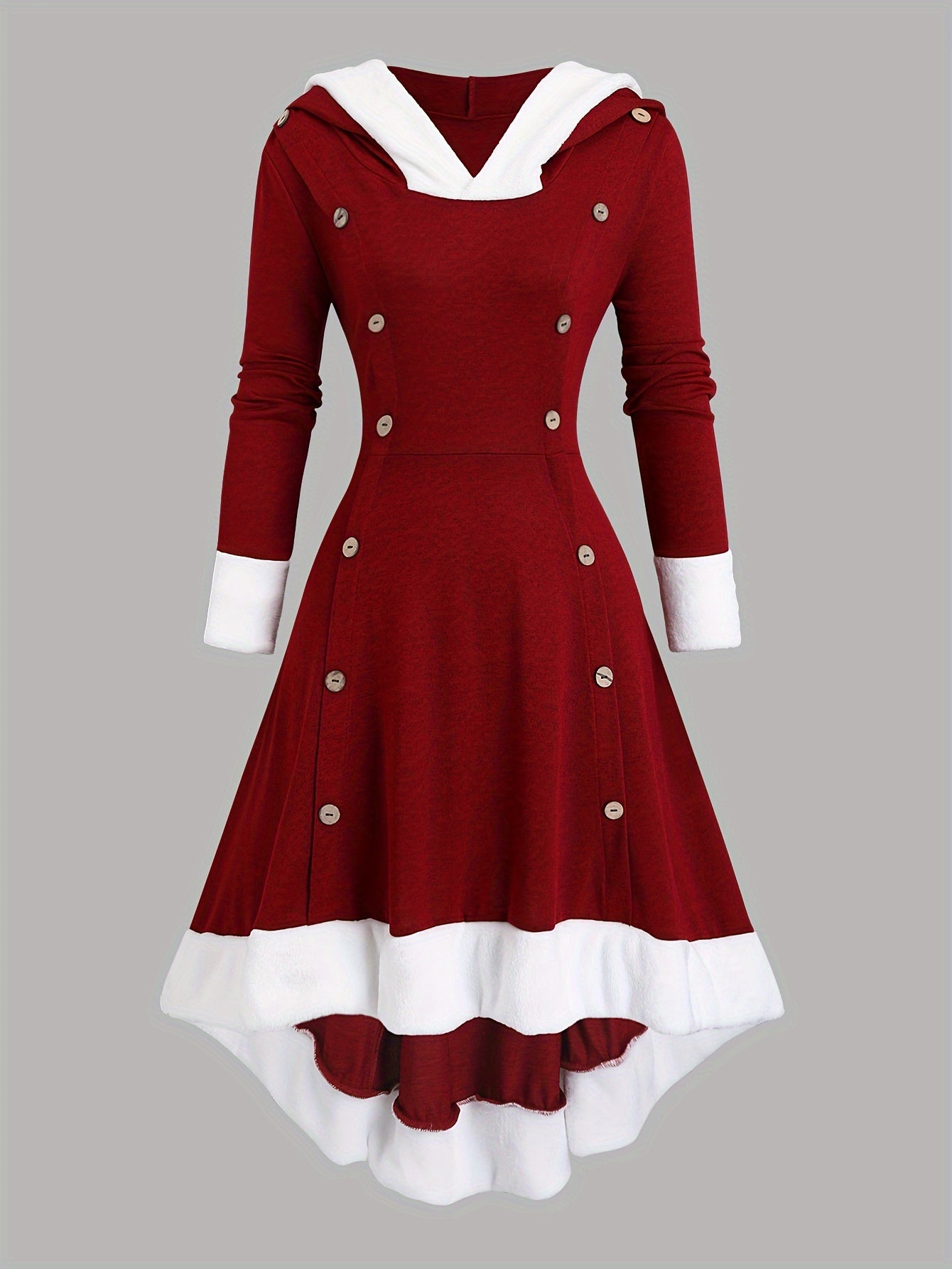 Կանացի վինտաժ Սուրբ Ծննդյան երեկույթի զգեստ - երկար պաշտոնական զգեստ գլխարկով, A-գծի ուրվագիծ, լարով գլխարկ - բորդո և սպիտակ տոնական հանդերձանք Սուրբ Ծննդյան և Նոր տարվա համար - էլեգանտ ձմեռային երեկոյան զգեստ, սեզոնային տոնակատարություն, դասական