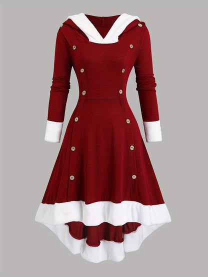 Կանացի վինտաժ Սուրբ Ծննդյան երեկույթի զգեստ - երկար պաշտոնական զգեստ գլխարկով, A-գծի ուրվագիծ, լարով գլխարկ - բորդո և սպիտակ տոնական հանդերձանք Սուրբ Ծննդյան և Նոր տարվա համար - էլեգանտ ձմեռային երեկոյան զգեստ, սեզոնային տոնակատարություն, դասական