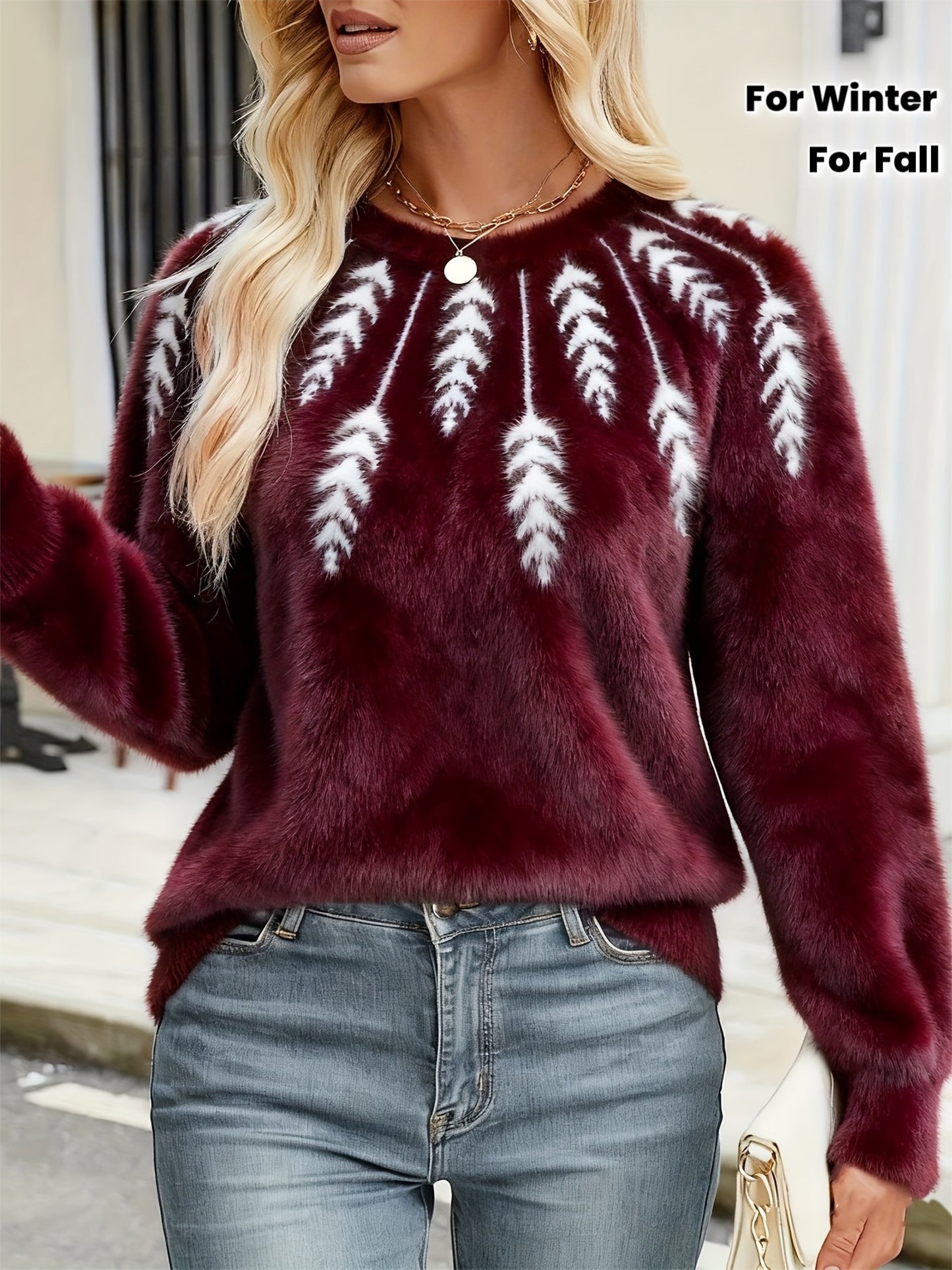 Women's Burgundy Winter Cardigan Sweater - Elegant Collar & Pine Tree Pattern, Soft Stretchy Pullover Jacket, Long Sleeve Cozy Sweaters for Fall/Winter, Christmas, Korean Fashion, Pininterest Outfits (Machine Washable)