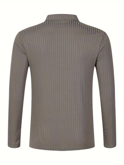 Men's Casual Sports Ribbed Long Sleeve Zipper Lapel Golf Shirt, Spring And Fall