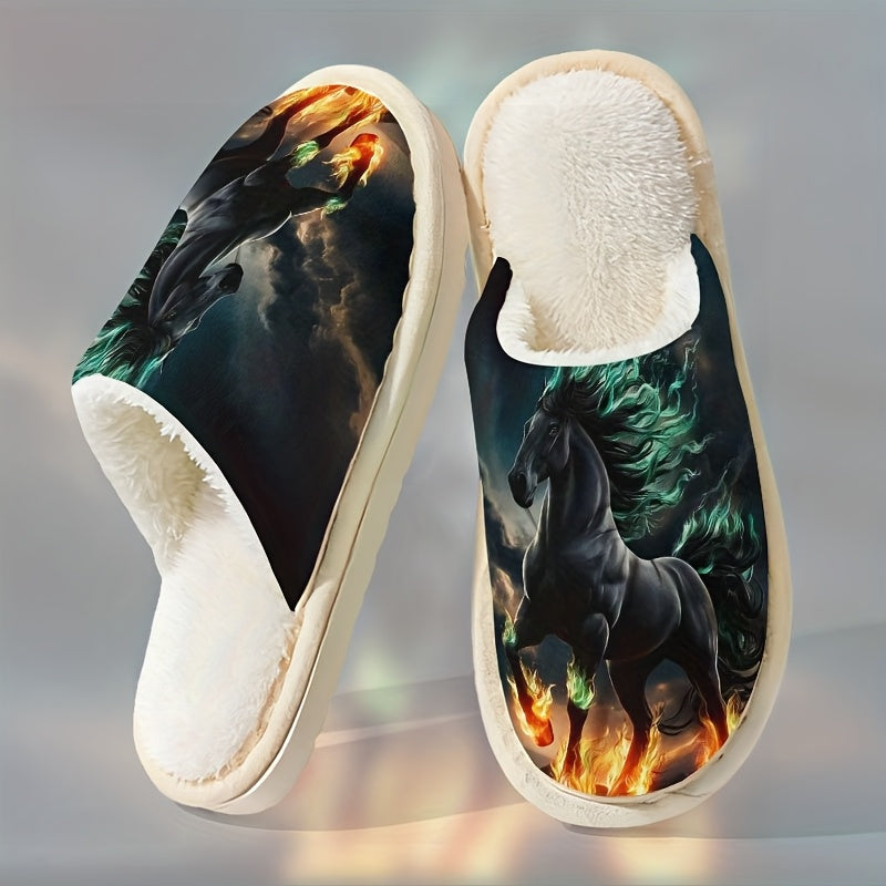 Men'S & Women'S Plush Slip-On Slippers - Winter Warmth with Horse & Flame Design, Soft Plush Lining & EVA Sole, Indoor House Shoes for Home, Office