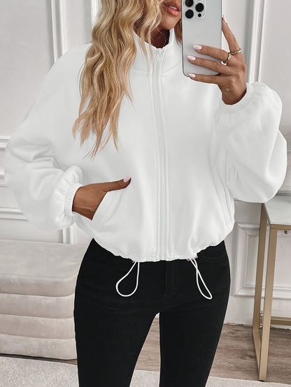 Women's Elegant Black Stand Collar Jacket with Full-Zip Closure - All-Season Casual to Semi-Formal Outerwear, Machine Washable Zippered Coat for Fall Winter Layering, Versatile Work to Semi-Formal Outfits