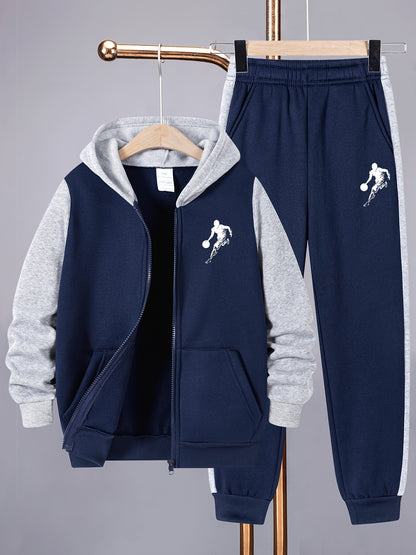 2pcs Boys' Casual Sportswear Set, Fashion Basketball Print Fleece-Lined Zip-Up Hoodie + Pants for Autumn and Winter, Suitable for Daily Wear and Outdoor Activities, Perfect for Outdoor