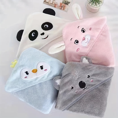 Ultra-Soft Coral Fleece Youngsters' Hooded Bath Towel with Cute Cartoon Animal Design - Absorbent & Skin-Friendly, Perfect for Swimming and Bathing