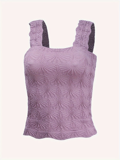 Women's Fashion Cami Tank Top With Jacquard Floral, Wide Shoulder Strap Square Neck Tank Top, Women's Activewear