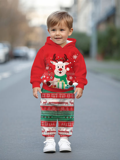 2pcs Boys' Christmas Reindeer & Holiday Sweatsuit Set - Cozy Hooded Sweatshirt & Sweatpants Outfit, Warm Winter Clothes for Boys, Boys' Casual Playwear, Machine Washable Gift for Christmas & New Year’s (Matching Outfit), Pe