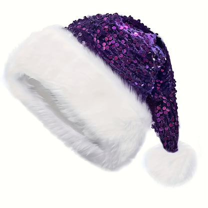 Christmas Sequin Santa Hat - Double Layer Shimmery Polyester Beanie Cap with Plush Trim, Inelastic, Handwash Only, Knitted Craftsmanship, No Feathers, Festive Holiday Headwear for Adults