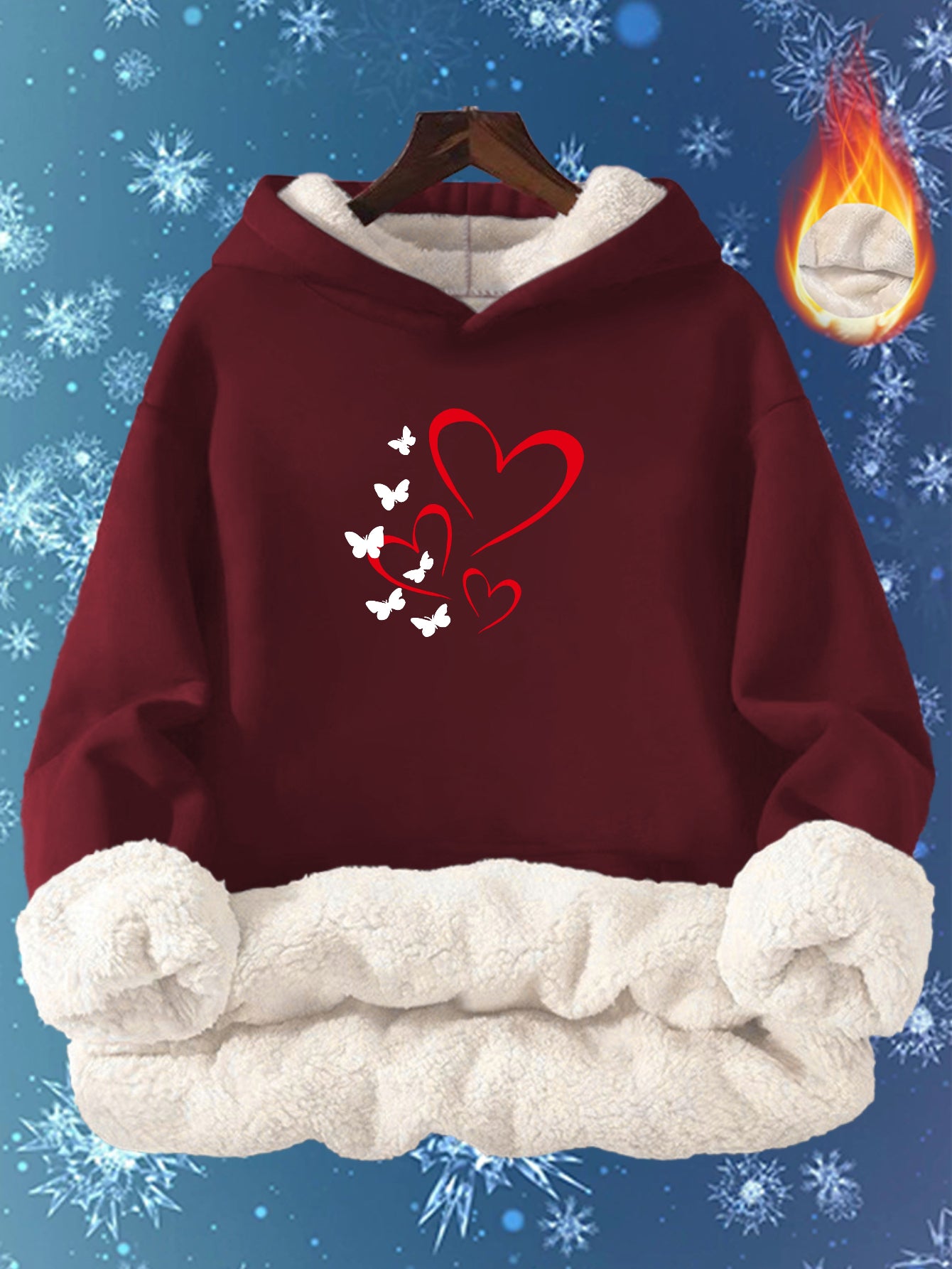 Women'S Cozy Fleece-Lined Hoodie with Heart & Butterfly Print - Long Sleeve, Warm Pullover for Fall & Winter, Machine Washable, Soft, Casual Outdoor Wear, & Camping, All-Season Comfort, Casual Winter Wear | Cozy Hoodie | Soft