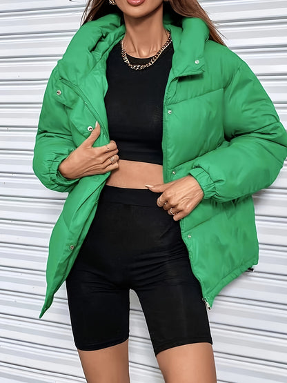 Կանացի նորաձև ձմեռային կայծակաճարմանդով և գլխարկով բաճկոն - ամենօրյա, հաստ վերնազգեստ գրպաններով, երկար թևքերով, չձգվող գործվածք, միագույն, 100գ/մ², իդեալական է ցուրտ եղանակի համար, ձմեռային հագուստ