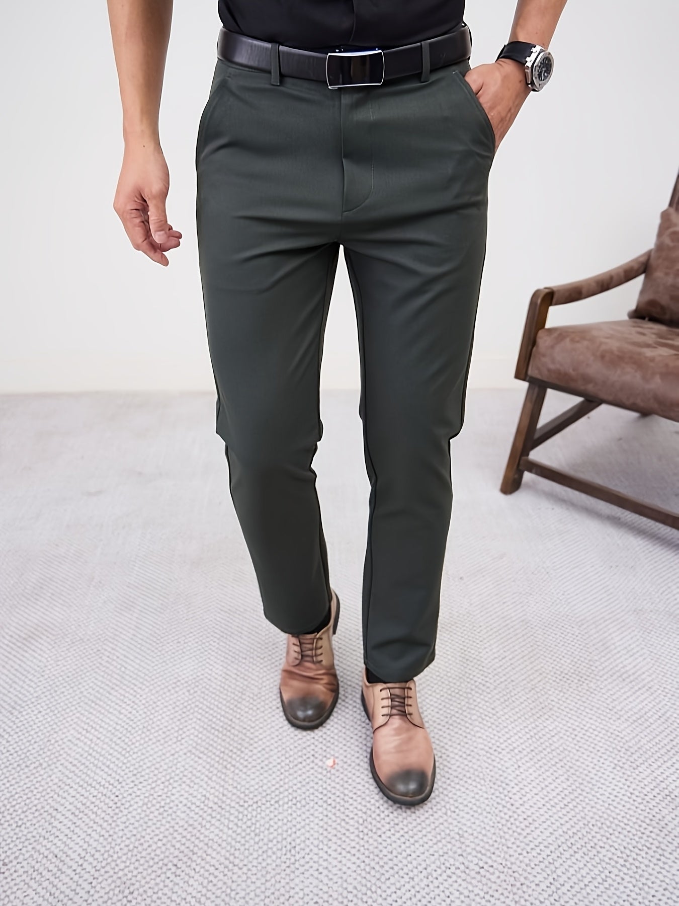 Men'S Casual Solid Color Regular Length Slight Stretch Woven Fabric Pants for Adult