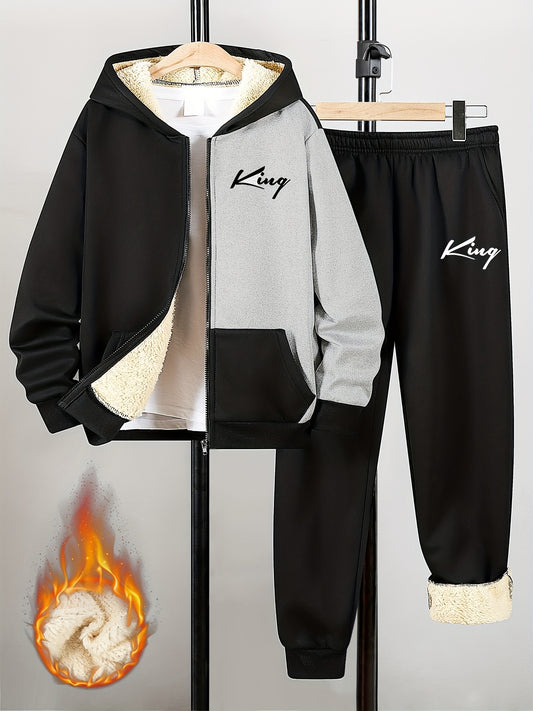 2pcs Boys' Classic Color Block Zip-Up Hoodie + Pants Set, Fashion Letter King Print Fleece-Lined Warm Sports Outfit for Autumn/Winter Casual Outdoor Wear, for Outdoor, Zipup Hoodie, Fleece Lined Hoodie