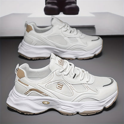 Men'S 2025 New Fashionable Low-Top Sneakers with Thick Sole - Non-Slip, Outdoor Casual Shoes for Teenagers and Young Adults, White and Golden Accents, All-Season Comfort, Casual Footwear   Modern Sneaker Design   Rubber Base