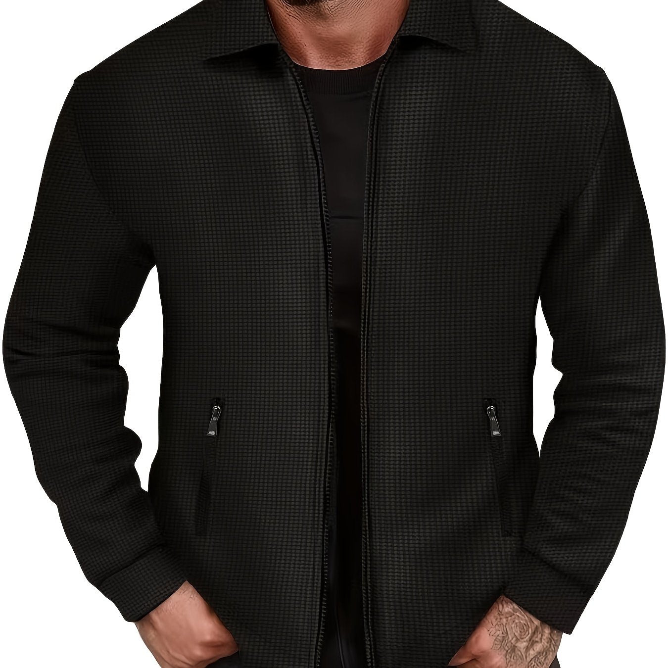 1pc Men'S Casual Polyester Zip-Up Jacket with Lapel Collar, Solid Color, Slight Stretch, Woven Fabric, Regular Fit, No Lining - Spring/Fall Outerwear