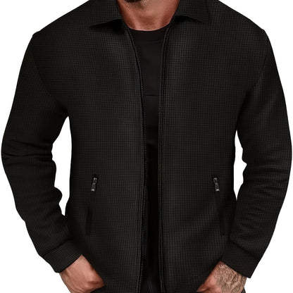 1pc Men'S Casual Polyester Zip-Up Jacket with Lapel Collar, Solid Color, Slight Stretch, Woven Fabric, Regular Fit, No Lining - Spring/Fall Outerwear