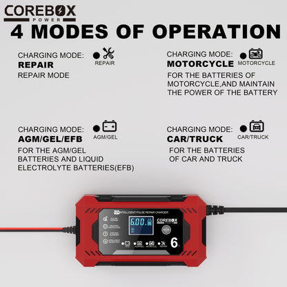 COREBOX EU Plug 12V 6A Smart Battery Trickle Charger 12V Battery Maintainer Battery Charger with LCD Display for Car Truck Motorcycle Lawn Mower Marine Lead Acid Charge, Without Battery
