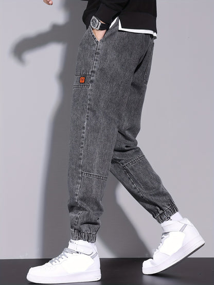Men's Street Style Harem Jeans - Casual Loose Fit with Elastic Drawstring Waist, Versatile & Stylish for All Seasons