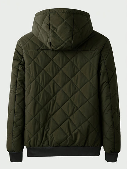 Men's Casual Fleece-Lined Hoodie Jacket - Warm, Windproof Zip-Up Coat with Quilted Design for Fall/Winter, Winter Coat