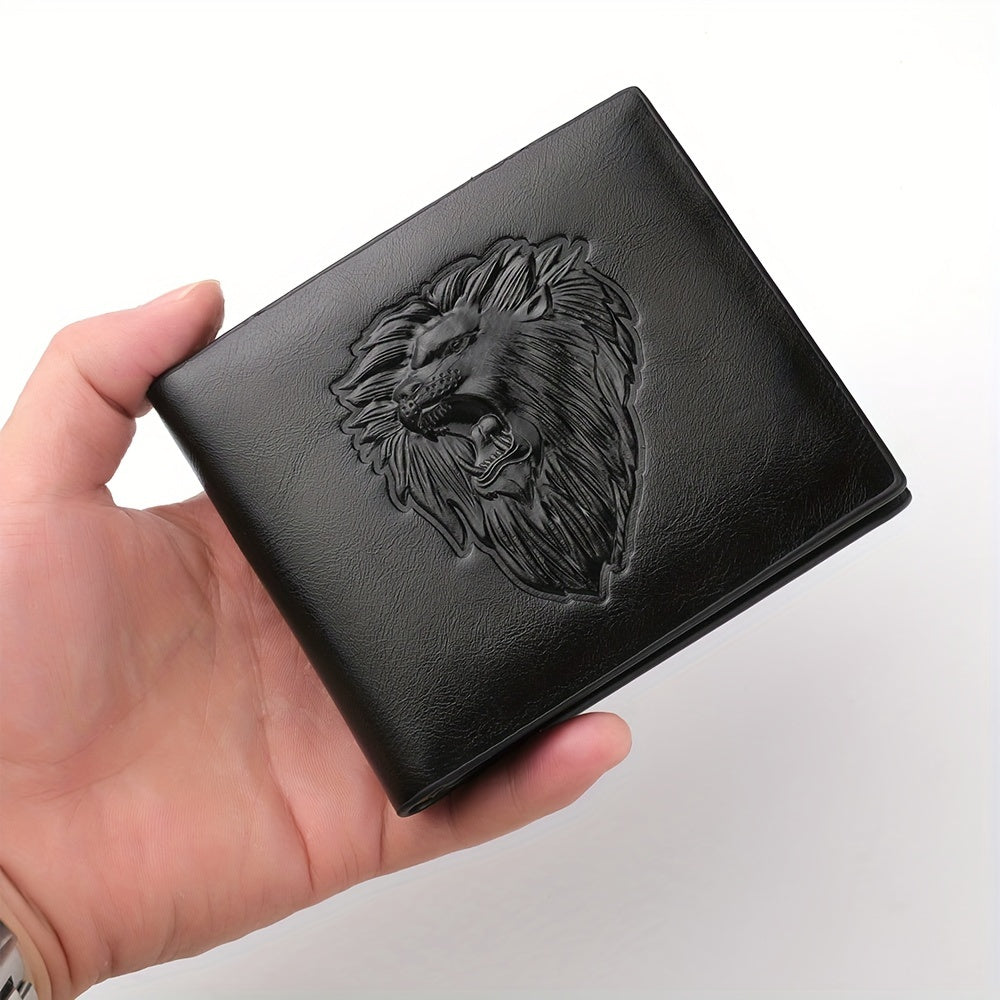 1pc Men's Lion 3D Embossed Pattern Wallet, Business PU Leather Wallet