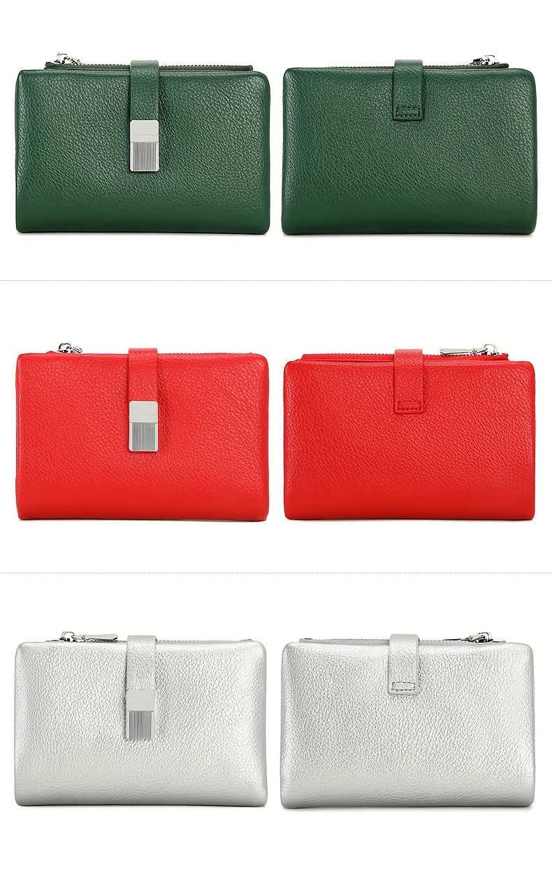 A Compact Trifold Wallet Made of Soft PU in a Solid Color, Featuring Metal Accents. It Includes a Zippered Coin Pocket, Card Slots, And an ID Window, Suitable for Credit Cards, ID Cards, Cash, And Coins. This Modern, Lightwei