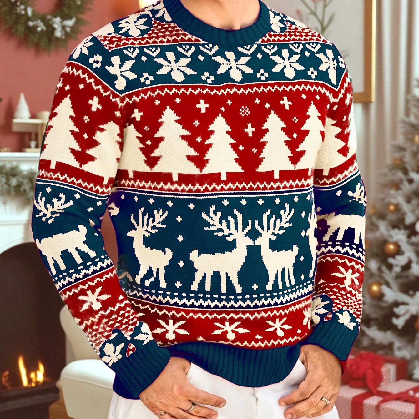 Christmas Theme Knitted Sweater | Warm and Comfortable, Ideal for Self-Wear or Gifting, Crew Neck, Long Sleeve, Acrylic Material, Fall/Winter Season