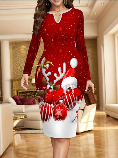 Women's Red & White Christmas Print Dress with Reindeer & Snowflake Patterns - Short Sleeve A-Line Party Dress, Round Neck Winter Holiday Outfit for Xmas, New Year's Eve, Prom (Machine Washable) - Elegant Festive Attire