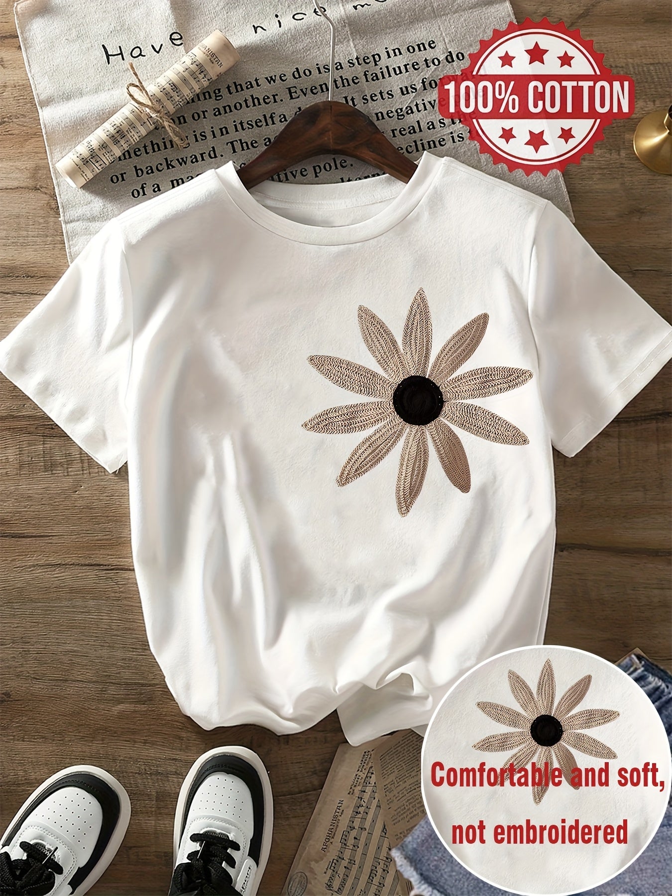 Women's Casual 100% Cotton Floral Round Neck T-Shirt Summer