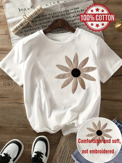 Women's Casual 100% Cotton Floral Round Neck T-Shirt Summer