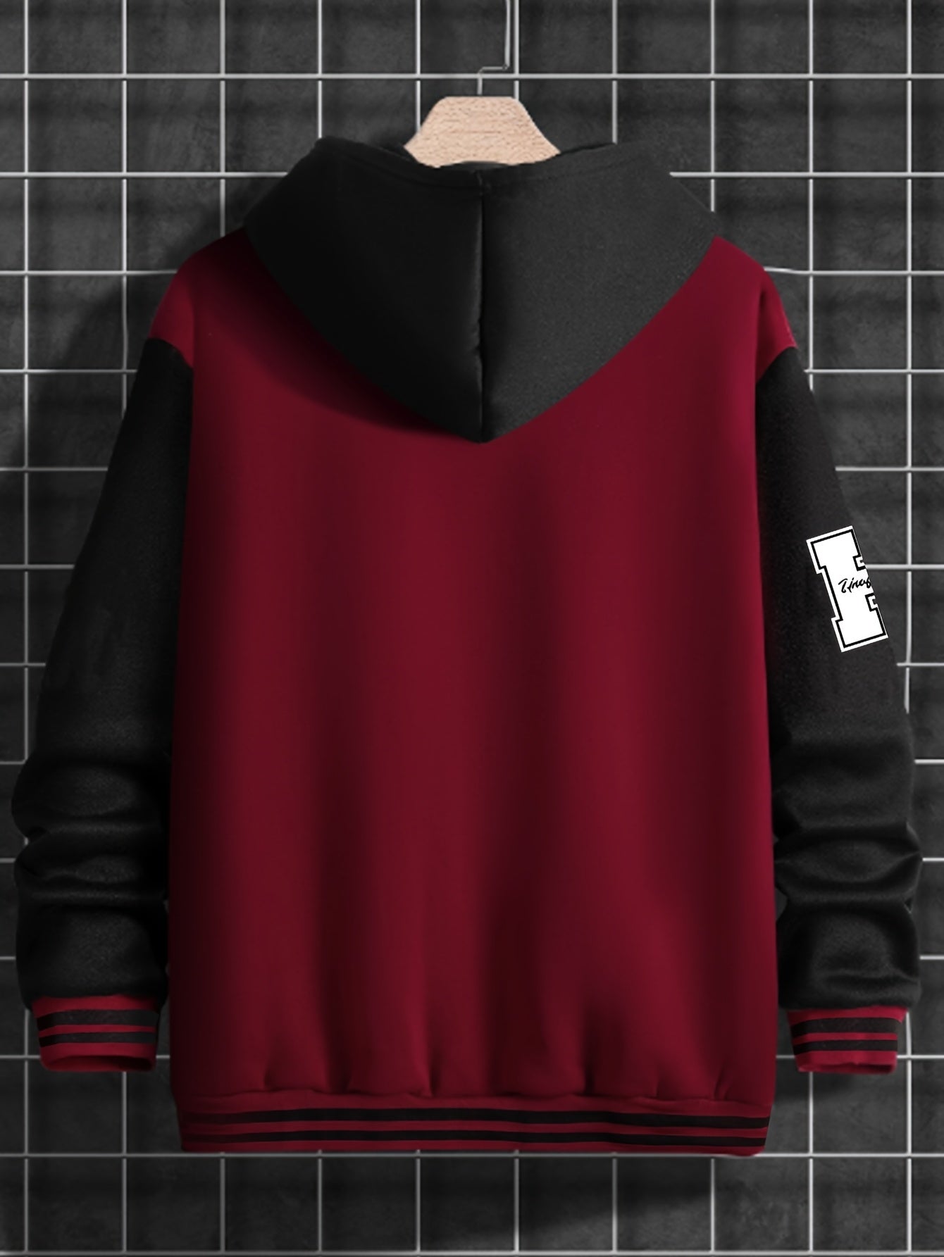 Men's Fashionable R-Letter Patchwork Casual Street Style Baseball Jacket - Polyester, Maroon & Black with White Stripes, Button Closure, with Pockets