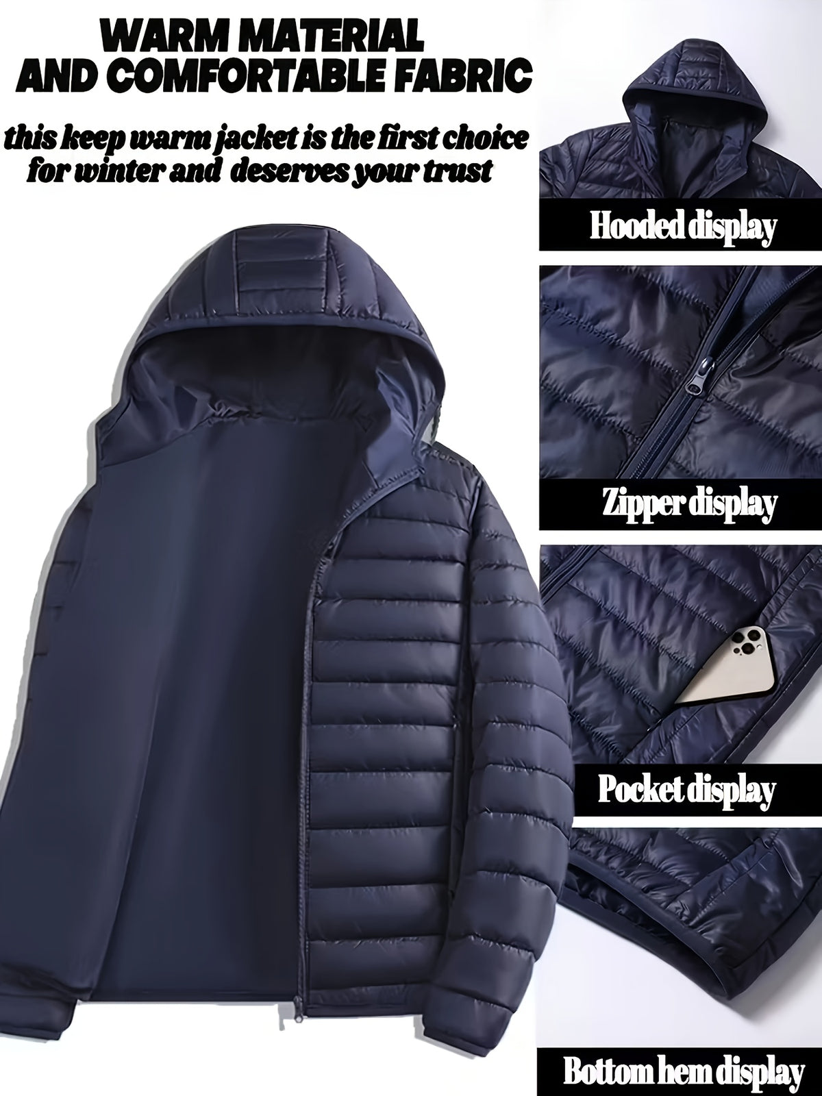 Men's Quilted Hooded Jacket with Ribbed Cuffs for Winter