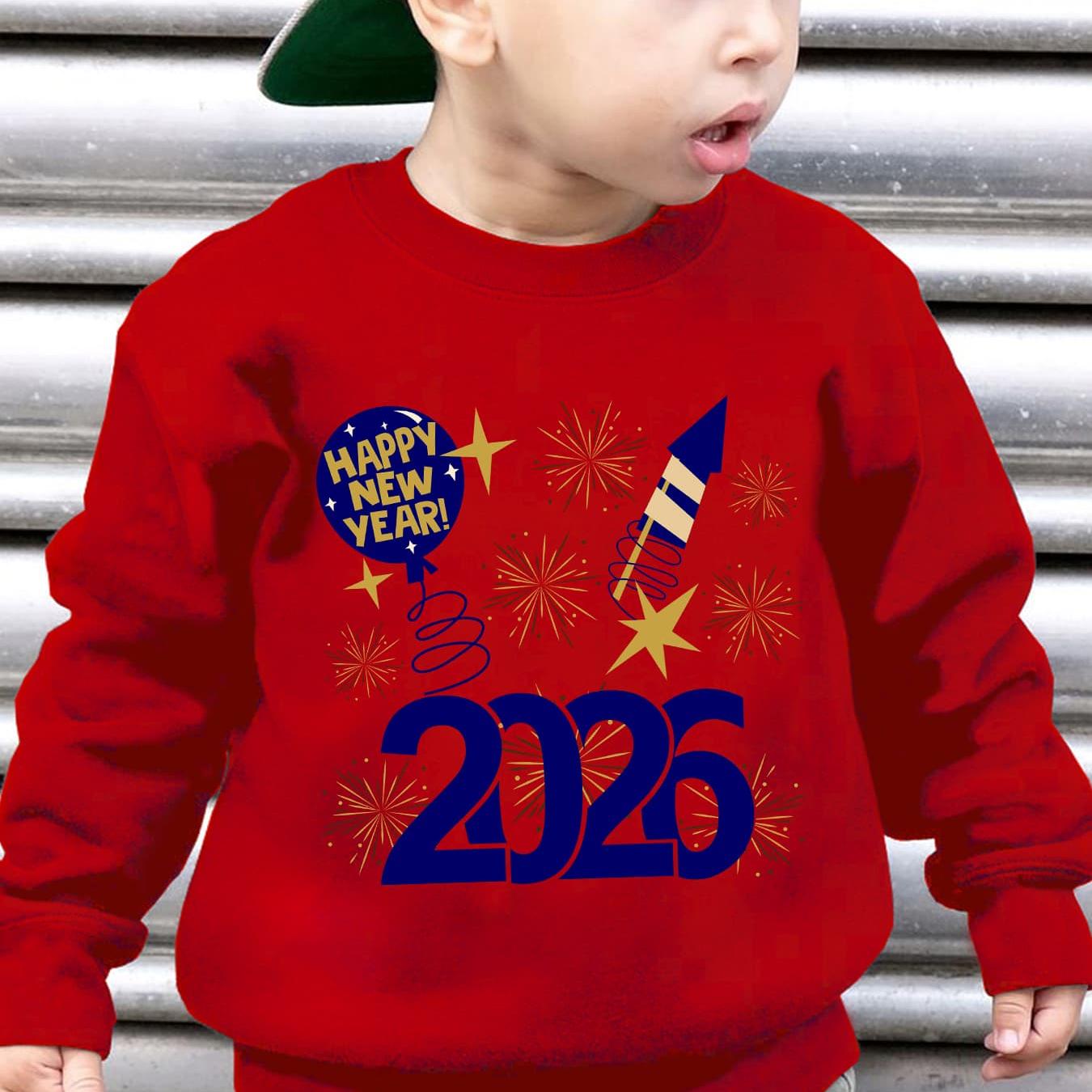 Boys' 2026 New Year Rocket & Fireworks Print Sweatshirt - Winter Warm Long Sleeve Sweater with 2026 Number Design, Casual Round Neck Pullover for Christmas & Parties ( to)
