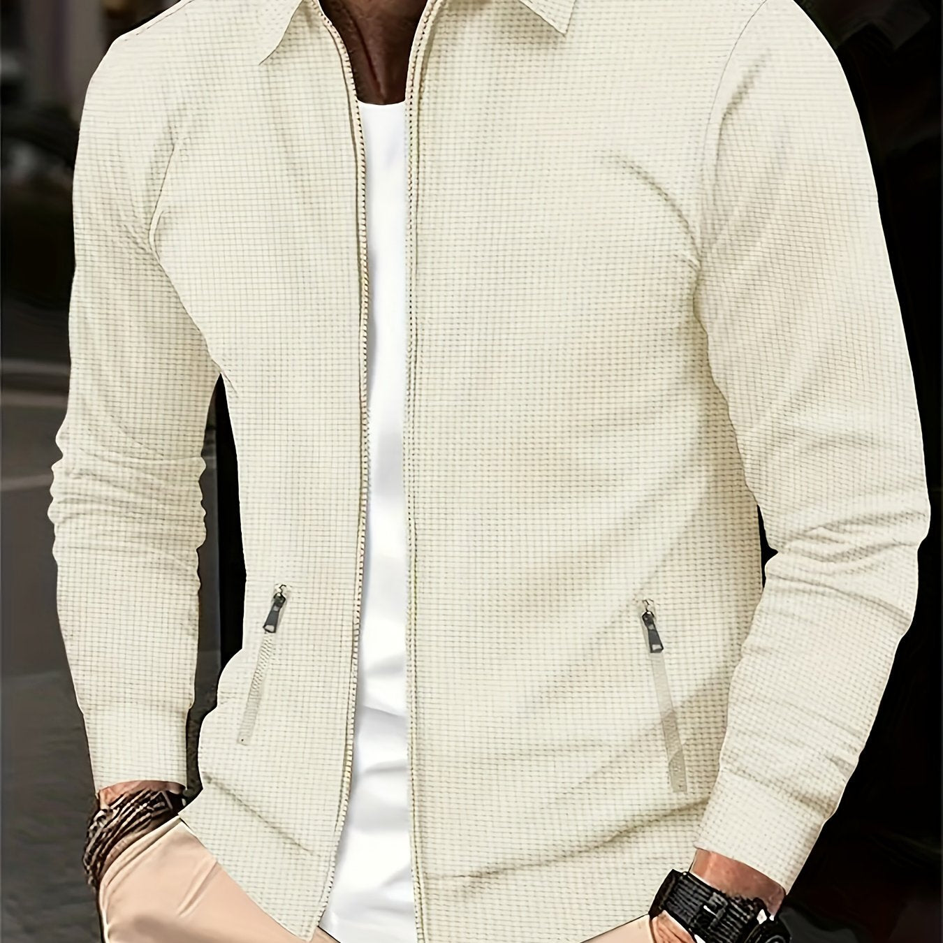 Men'S Solid Color Waffle Texture Zipper Jacket - Full-Zip Casual Coat with Full-Zip Closure, Long Sleeve Lapel Collar, /Navy Brown/