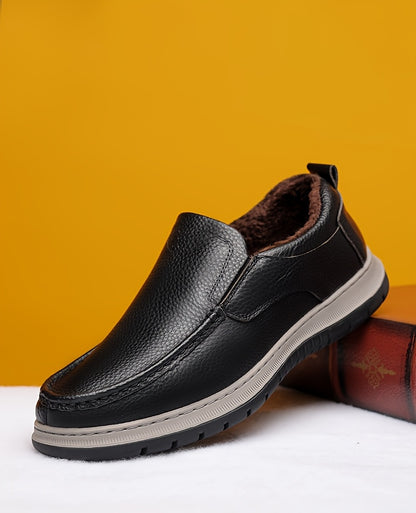 Men's Winter Warm Cowhide Boots - -Weather Traction Rubber Sole & Soft Fabric, Low-Top Short Boots Suitable for Daily Wear, Parties, - Fit for Fall/Winter (Boots Can Be Dressed up or)