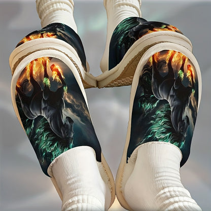Men'S & Women'S Plush Slip-On Slippers - Winter Warmth with Horse & Flame Design, Soft Plush Lining & EVA Sole, Indoor House Shoes for Home, Office