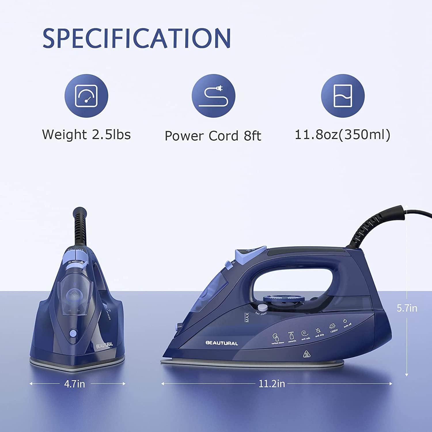 BEAUTURAL Steam Iron for Clothes with Precision Thermostat Dial, Ceramic Coated Soleplate, 3-Way Auto-Off, Self-Cleaning, Anti-Calcium, Anti-Drip Blue