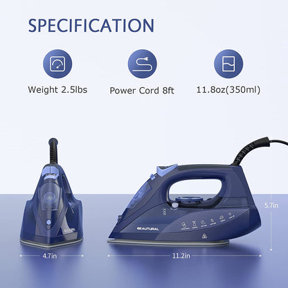 BEAUTURAL Steam Iron for Clothes with Precision Thermostat Dial, Ceramic Coated Soleplate, 3-Way Auto-Off, Self-Cleaning, Anti-Calcium, Anti-Drip Blue