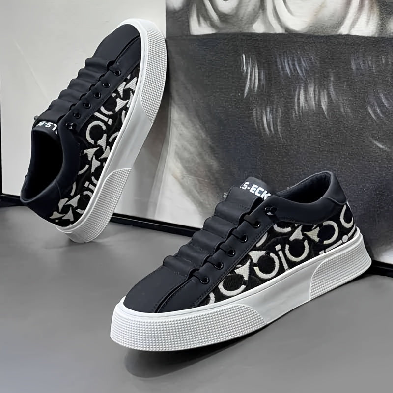 2025 New Men's Spring Slip-On White Sneakers, Breathable Casual Shoes with Embroidered Print, Trendy Footwear - ayq