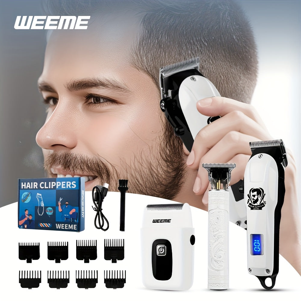 WEEME 3pcs/1Set Men'S Hair Clipper, USB Rechargeable Electric Hair Clipper & Shaver Set with Digital Display, Cordless Hair Trimmer for Home & Salon Use, Perfect Grooming Gift for Men with Smooth Blade, USB Charging, Lithium