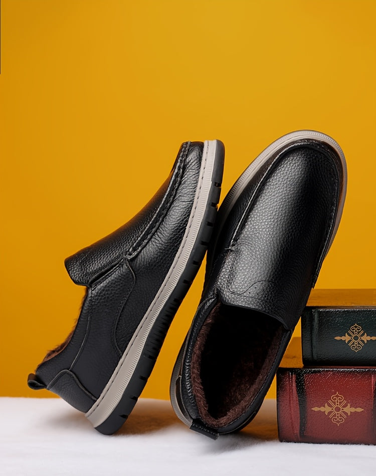 Men's Winter Warm Cowhide Boots - -Weather Traction Rubber Sole & Soft Fabric, Low-Top Short Boots Suitable for Daily Wear, Parties, - Fit for Fall/Winter (Boots Can Be Dressed up or)