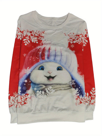 Women'S Red & Christmas Sweater - Long Sleeve Round Neck Winter Warmth with Snowman, Snowflakes & Poinsettia Print - All-Season Casual Pullover for Holiday