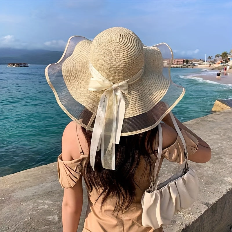 Women’s Packable Straw Sun Hat with Wide Bow Ribbon