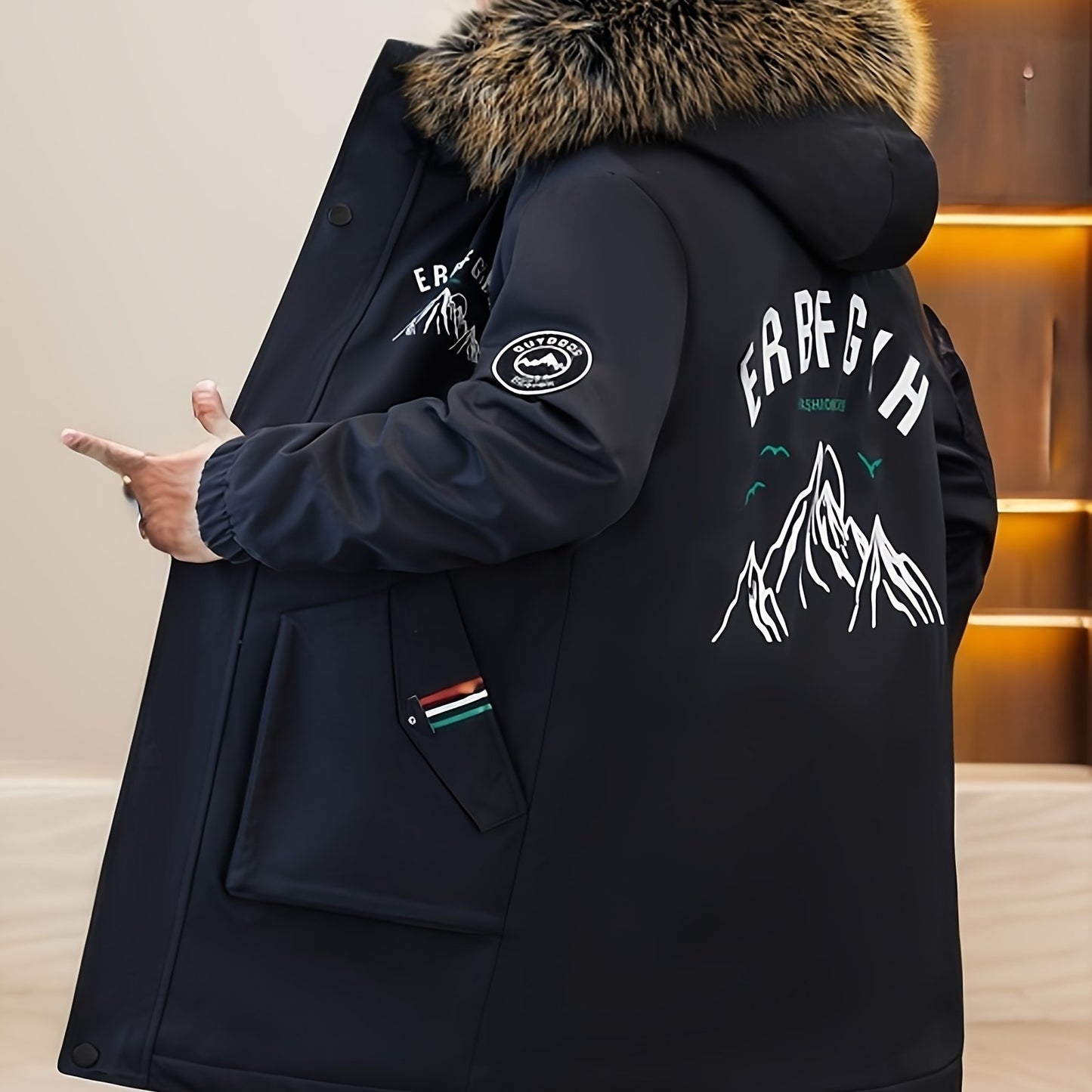 Men's Heavy-Duty Hooded Winter Jacket with Mountain Logo Back Print, Full-Zip Long Coat & Pockets - Large Hood for Extreme Cold, Machine Washable -Filled Outerwear (Casual/Climbing/Skiing) - Black, Winter Boots For Men, Men W