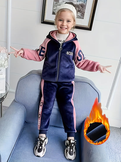 Girls' Thickened Fleece-Lined Hooded Zip-Up Jacket & Jogger Pants Set - Cozy Two-Piece Outfit with "NUS" Letter Print, Long Sleeves, and Drawstring Waist, for Outdoor, And Casual Wear, Winter Clothing, Playful Design, Soft Fa