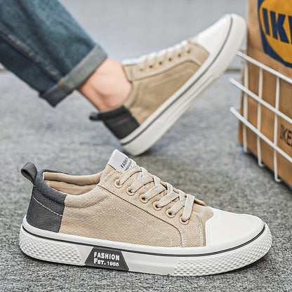 Men's Breathable Canvas Sneakers - Low-Top Lace-Up Skate Shoes, Fashionable Casual & Sporty Design with Green & Beige Color Block, Non-Slip PVC Sole for Casual Attire, Outdoor Sneakers | Laceup Closure | Stylish Lowtops