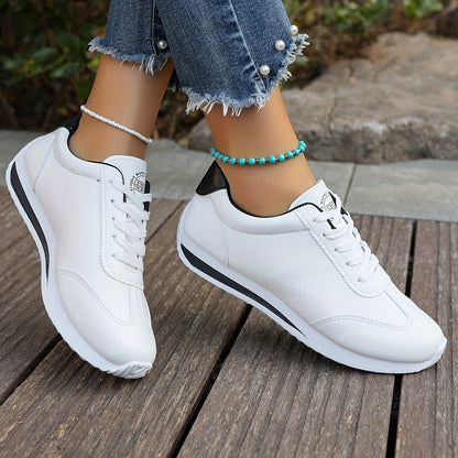 Women's Lightweight Casual Sneakers - White Synthetic Leather, All-Season Comfort, Stability Support, Breathable Fabric Lining, TPR Sole, Perfect for Casual Attire, Cute Shoes