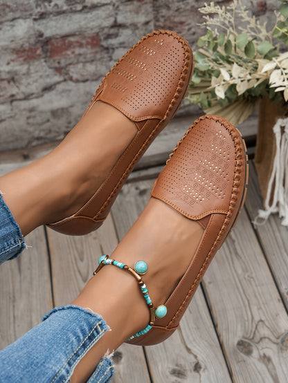 Women's Retro Perforated Flat Shoes, Comfy Breathable Round Toe Slip On Shoes, Casual Outdoor Loafers